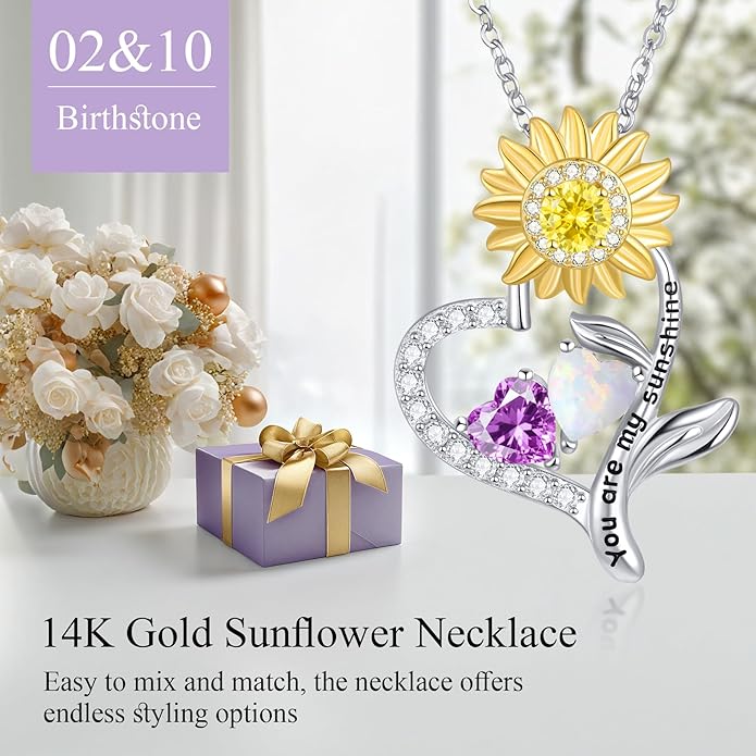 PERJI Valentine's Day Gifts for Women - 925 Sterling Silver Double Birthstone Sunflower Necklace, Anniversary Birthday Jewelry You are My Sunshine Gifts for Wife Couple Girlfriend 18"+2" Non Tarnish