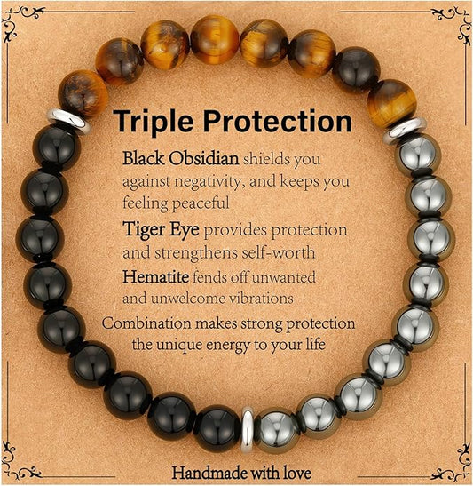 Triple Protection Bracelet for Men, Mens Black Obsidian Hematite Tiger Eye Beaded Natural Stone Evil Eye Bracelet Jewelry Gifts for Birthday Christmas