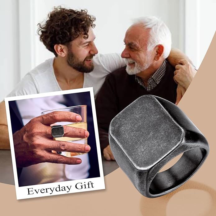 Bestyle Stainless Steel Signet Ring for Men Women in Gold/Black/Silver/Vintage Gray Tone, Chunky Thick Heavy Dome Band Ring Cool Finger Ring, Gift for Dad Husband, Size 7-14 Customizable