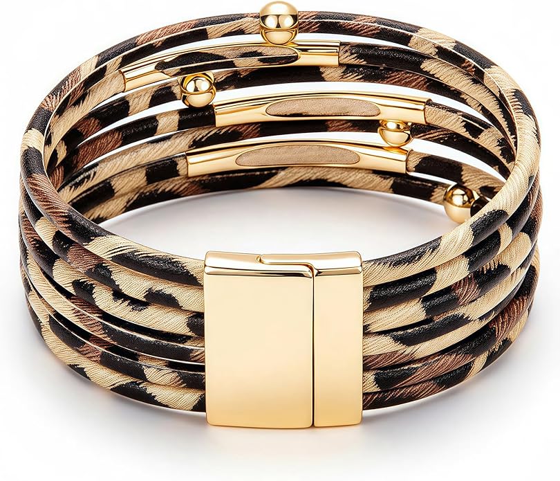 Fesciory Leopard Bracelet for Women, Boho Leather Wrap Multi-Layer Pearl Crystal Bracelet Bangle Jewelry