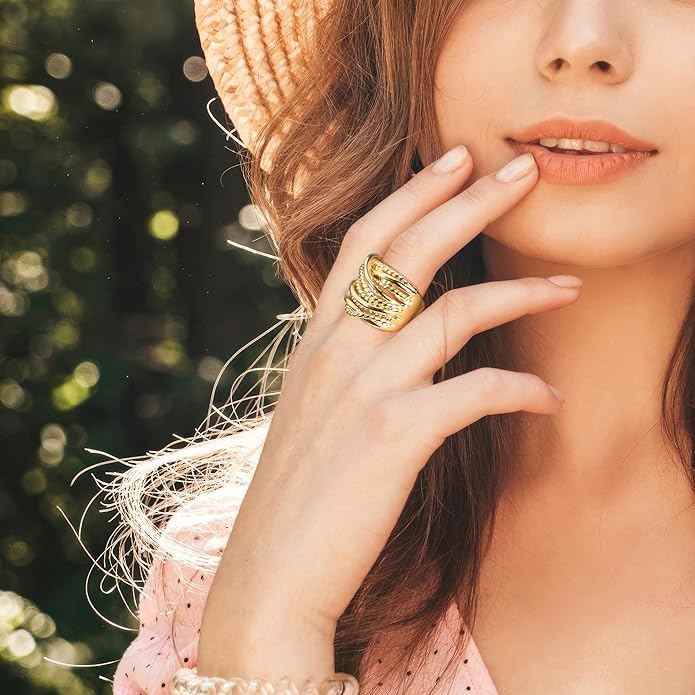 Wide Band Rings Twisted Rope Ring Two-Tone Mixed Metal Braided Statement Rings Fashion Jewelry for Women