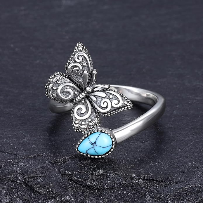 S925-Sterling-Silver Abalone Dragonfly-Turquoise Spoon Ring - Vintage Boho Sunflower Thumb Oxidized Wrap Rings Victorian Style Antique Floral Jewelry Gifts for Women