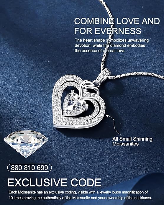 ForeverLove Heart Necklaces for Women, 1-3 Carat Moissanite Necklace Engraved 'I LOVE YOU', Wedding Anniversary Birthday Christmas Valentines Engagements Mothers Day Jewelry Gifts for Mom Wife Her Girlfriend