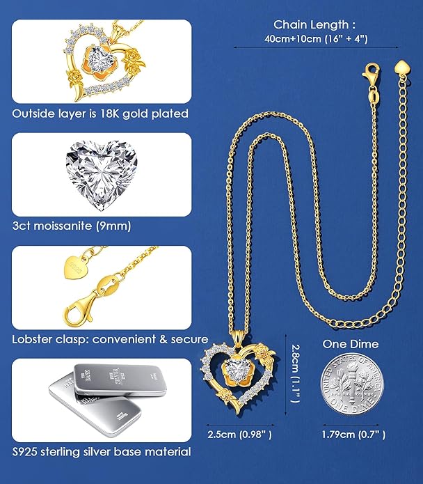 Beam & Bask Rose Flower Love Heart Necklace for Wife, 2-3 Carat Moissanite Women's Pendant, Sterling Silver Plated with 18K Gold, Anniversary Birthday Wedding Jewelry for Girlfriend Soulmate Her