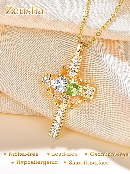 Zeuslia Double Birthstone Necklace Gifts for Wife - 925 Sterling Silver Sunflower/Rose/Crown Cross/Compass/Heart Pendant I Love You Necklace, Anniversary Birthday Gifts for Wife Girlfriend Mom Her