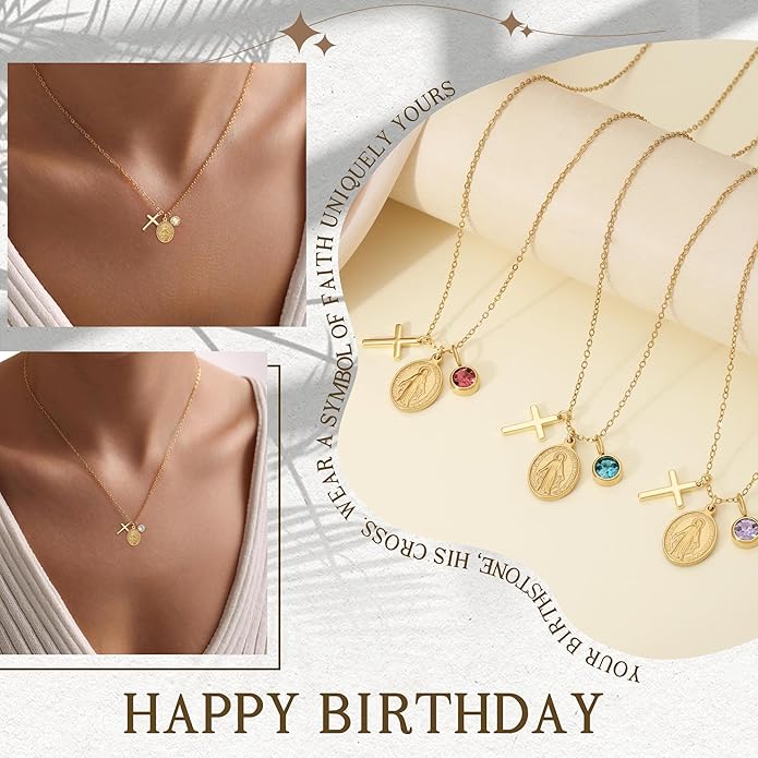 Gold Cross Necklaces for Women, 1-12 Birthstone Necklace Stocking Stuffers for Her Faith Confirmation Gifts for Teen Girls Virgin Mary Necklace Gifts for Christians Birthday Baptism Religious Jewelry