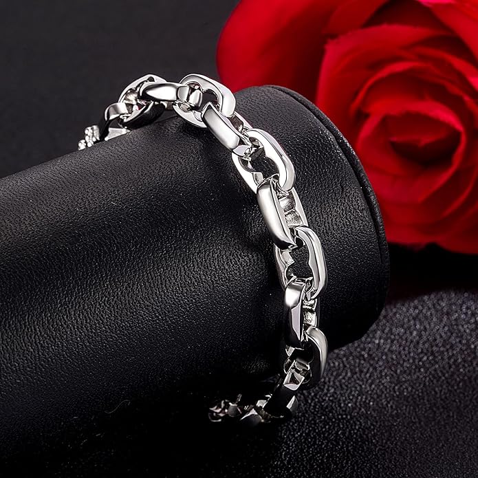 H&Beautimer Solid 925 Silver Bracelet Italian Handmade 0.35/0.4 Inch Box Chain Bracelet for Men's 7,7.5,8,8.5,9,9.5,10 Inch Hip Hop Style Jewelry