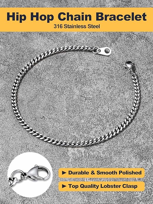 U7 Link Bracelets for Men, Cuban Link/Rope/Watch Band Solid Bracelet, Silver Black Gold Color Wrist Bracelet 3/6/9/12/15mm Width, 6.5/7.5/8.3 Inch Length, Hand Chain Jewelry for Mens Women