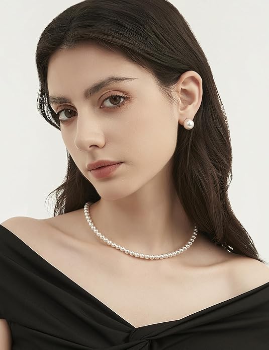 Mameloly Pearl Necklaces for Women Dainty 925 Sterling Silver 18K Gold Plated 6MM Simulated White Pearl Choker Necklace Strand for Her Engagement Wedding Birdal