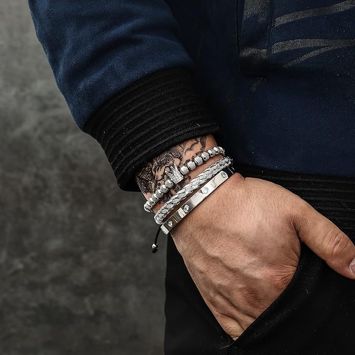 WFYOU 3PCS Stainless Steel Bracelets for Men Gold Roman Numeral Bangle Bracelet Twisted Cable Bracelet Adjustable Cuff Bracelet Mens Luxury Jewelry Bracelets Gifts