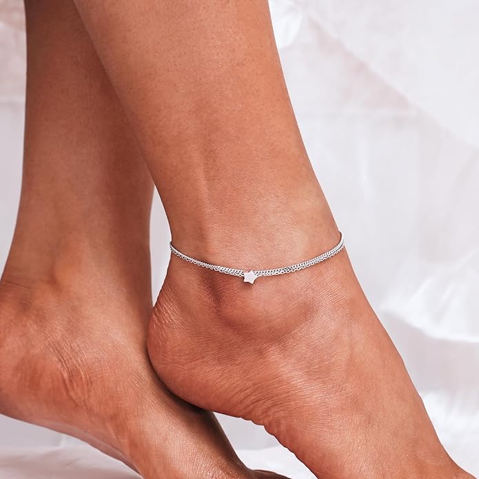 CHIC & ARTSY 925 Sterling Silver Ankle Bracelet Multilayer Anklets for Women Satellite, Star, Cross, Circle, Butterfly, Teardrop, Oval Disk Layered Anklet Beach Jewelry