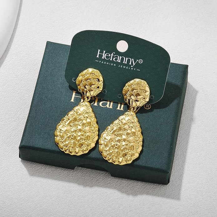 Hefanny Large Hammered Teardrop Dangle Earrings Geometric Chunky Flower Earrings Women's Trendy Statement Jewelry Multiple Styles