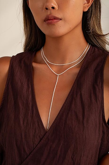 Gold and Silver Plated Layered Long Necklace for Women, Statement Y Body Chain, Sexy Dangle Drop Beach Boho Bolo Cleavage Necklace for Vacation or Prom