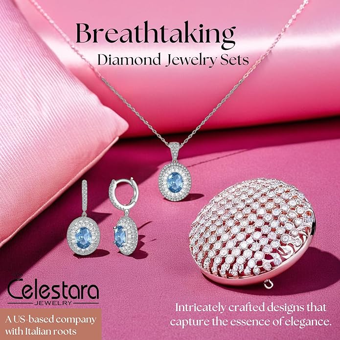 925 Sterling Silver Jewelry Set - Oval Blue Topaz-Tone and CZ Diamond Halo Necklace with Matching Earrings, Dainty Pendant Set with Exquisite Leather Box
