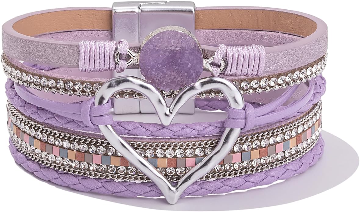 FANCY SHINY Heart Leather Wrap Bracelets Stackable Boho Cuff Bangles Trendy Resin Stone Rhinestone Bracelets with Magnetic Clasp for Women