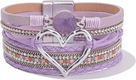 FANCY SHINY Heart Leather Wrap Bracelets Stackable Boho Cuff Bangles Trendy Resin Stone Rhinestone Bracelets with Magnetic Clasp for Women