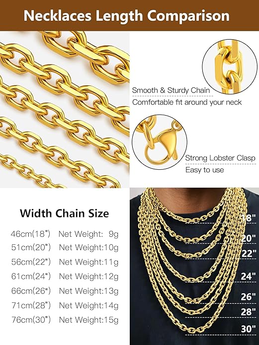 Hoyazvet Cable Chain Stainless Steel Necklace for Men Women, 3/5/8/10/13MM Width, 18K Gold Plated/Black Metal/316L Stainless Steel Sturdy Rolo Link Chain Necklace, 18-30inch Length