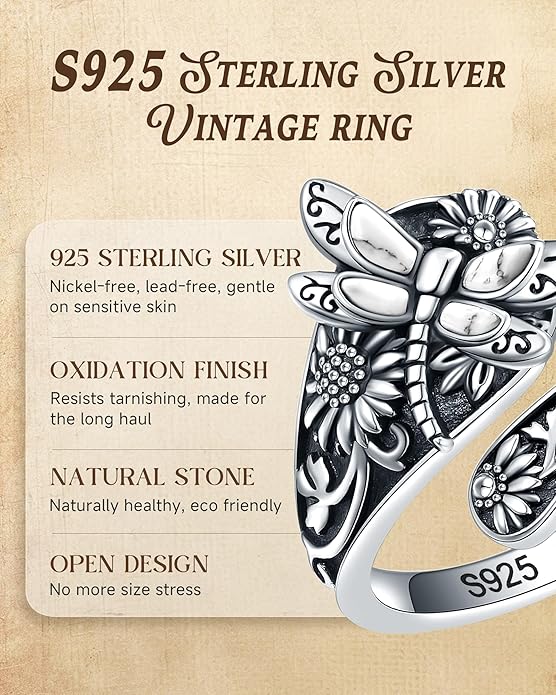 S925-Sterling-Silver Abalone Dragonfly-Turquoise Spoon Ring - Vintage Boho Sunflower Thumb Oxidized Wrap Rings Victorian Style Antique Floral Jewelry Gifts for Women