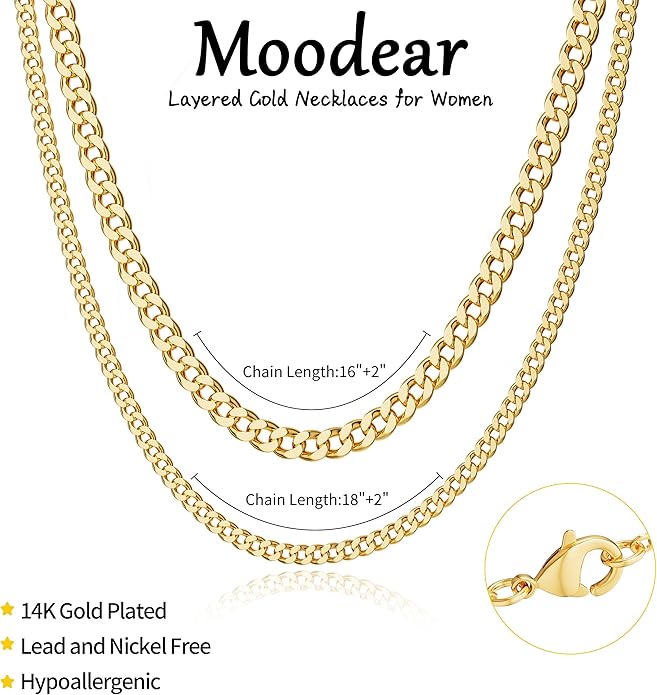 Moodear Layered Necklace for Women Trendy Chunky 14K Gold Plated/Sliver Plated Chain Necklace Cuban Link Paperclip Chain Toggle Clasp Necklace Fashion Jewelry