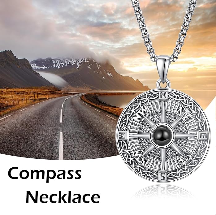KINGWHYTE Compass Necklace for Men 925 Sterling Silver Birthday Gifts Graduation Travel Jewelry for Husband Brother with Stainless Steel Chain