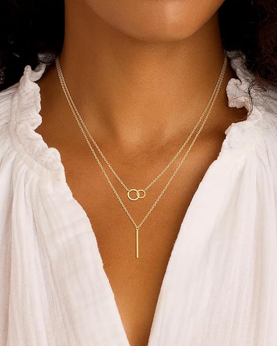 Layered Necklaces for Women 14K Gold Plated Stack Circle Pendant Trendy Long Chain Stackable Handmade Coin Necklace Set Dainty Gold Stacked Jewelry Gifts