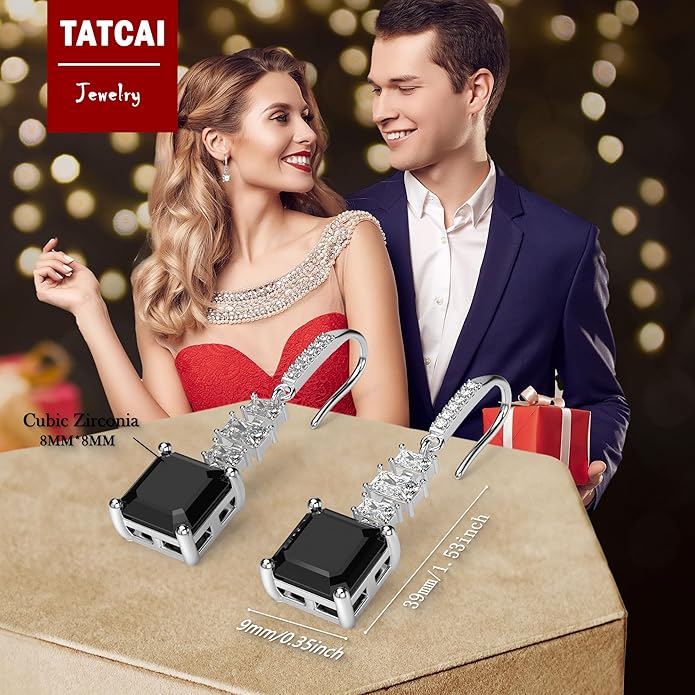 18K White Gold Plated Sterling Silver Asscher Cut Cubic Zirconia Dangle Earrings for Women Square CZ Diamond Drop Dangling Earrings for Women Mom