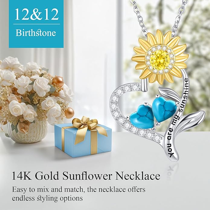 PERJI Valentine's Day Gifts for Women - 925 Sterling Silver Double Birthstone Sunflower Necklace, Anniversary Birthday Jewelry You are My Sunshine Gifts for Wife Couple Girlfriend 18"+2" Non Tarnish