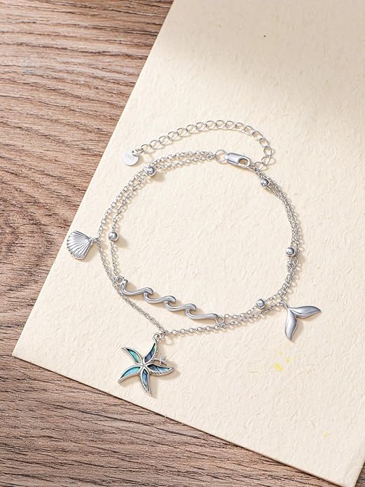 Sea Turtle/Dolphin/Starfish/Seashell/Compass Bracelet for Women 925 Sterling Silver Ocean Wave Anklet Summer Hawaiian Jewelry Gift for Her
