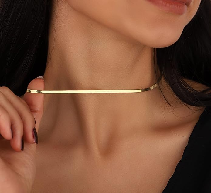 DEARMAY 14K Gold Plated Necklaces for Women, Dainty Gold Herringbone Choker Necklace Thin Layered Snake Chain Jewelry for Gifts