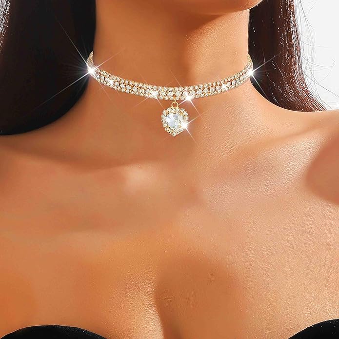 CLOACE Rhinestone Choker Necklace Heart Pendant Diamond Row Necklaces Sparkly Crystal Prom Chain Jewerly Accessories for Women