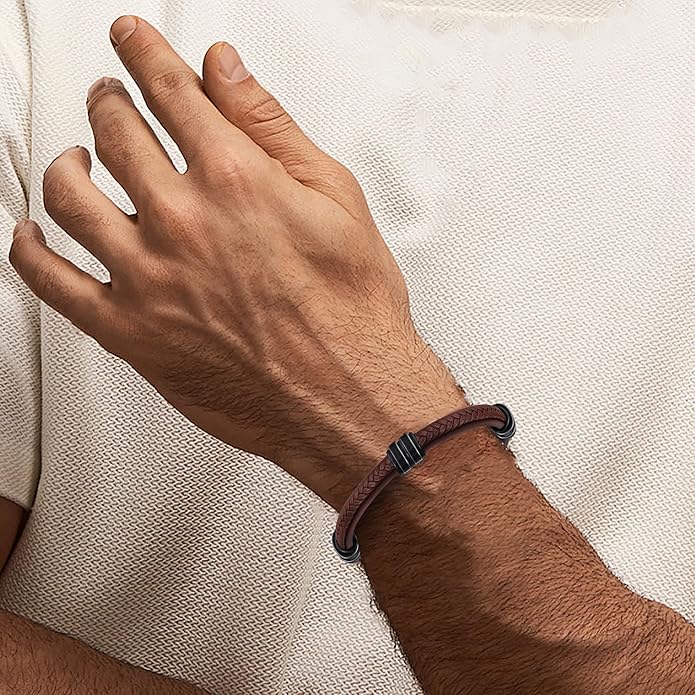 Leather Bracelet for Men with Adjustable Stainless Steel Magnetic Clasp Multi-Layer Braided Mens Leather Bracelet