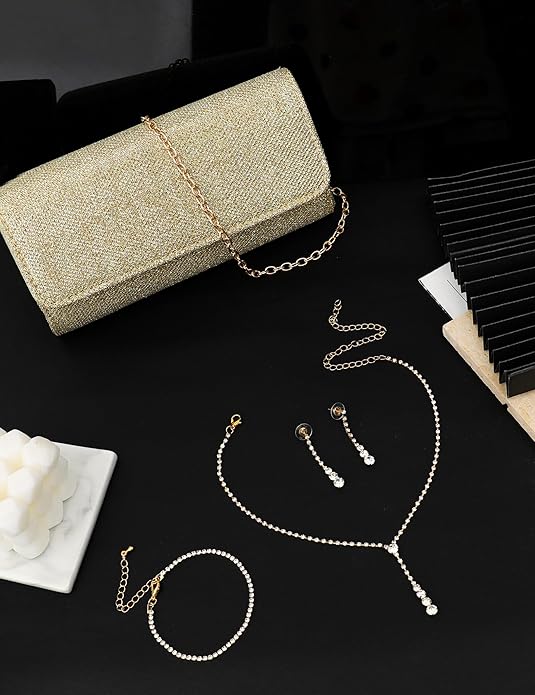 Silver Prom Jewelry Set for Women Rhinestone Necklace Dangle Earrings Bracelet Clutch Purse Silver Accessories Bride Bridesmaid Crystal Bridal Jewelry for Wedding Engagement Party Prom Accessories