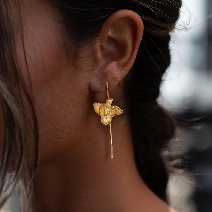 Statement Earrings for Women, Hypoallergenic 14k Gold Plated Chunky Flower Earrings Long Dangle Drop Floral Earring Simple Gold Earrings for Women Trendy Jewelry Gifts