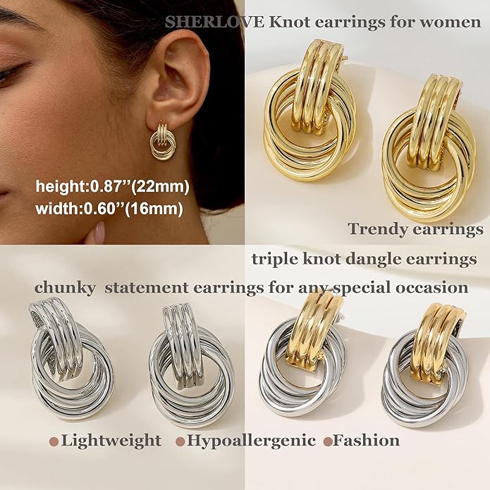 SHERLOVE Stocking Stuffers for Women Chunky Gold Knot Dangle Drop Earrings Trendy Statement Earrings Hypoallergenic Lightweight Gold Jewelry Women Christmas Gifts