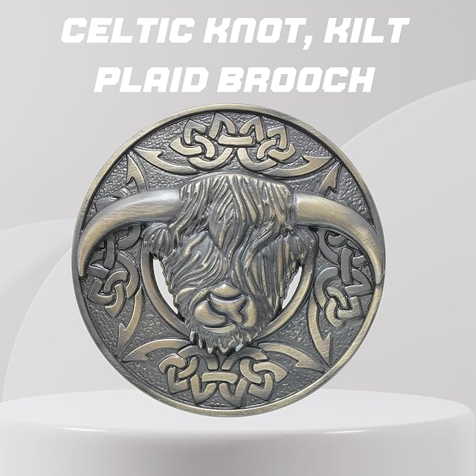 Highland Cow Kilt Brooch with Celtic Knot - Traditional Scottish Helian Coo Plaid Brooches for Men – Handcrafted Tartan Sash Pin, Luxurious Accessory for Women’s Dress