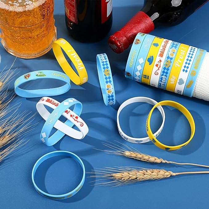 JUNEBRUSHS 64pcs Oktoberfest Party Favors Silicone Bracelets Bulk Blue and White Checkered Rubber Bracelet for Oktoberfest Party Bavarian Beer Festival Style Decorations Supplies