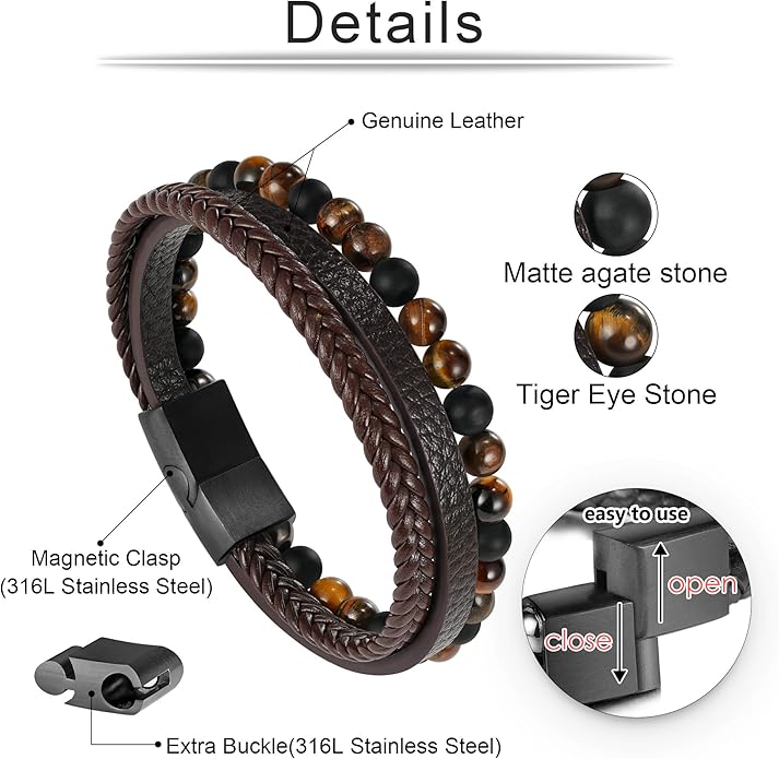 Gifts for Men - Layered Leather Beads Bracelet, Tiger Eye Lava Rock Stone Braided Leather Bracelets for Men Adjustable Magnetic Clasp Birthday Gifts