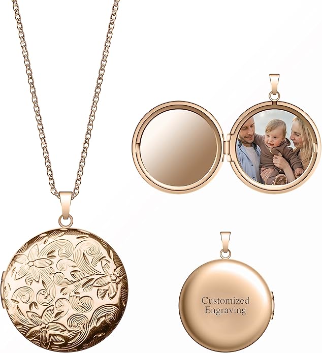 Locket Necklace for Women Girls, 18” Jewelry Chain, Picture Photo Inside, Cadenas para mujer, Personalized Custom Name Gold Locket, Customized Couples Locket, Silver, Rose Gold, Gold