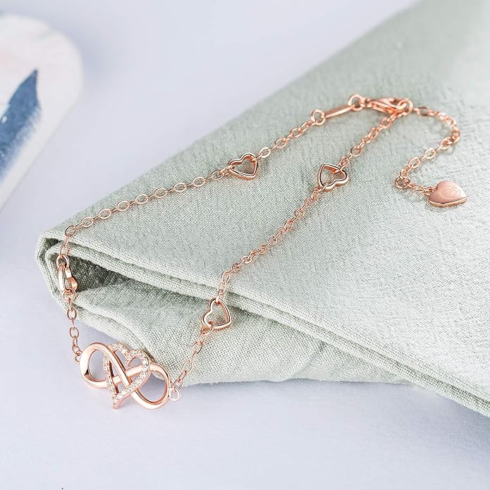 BlingGem Anklets for Women 925 Sterling Silver Infinity Hear Ankle Bracelet Cubic Zirconia Rose Gold Summer Beach Stylish Foot Chain Summer Vacation Jewelry Gift for Mom Women
