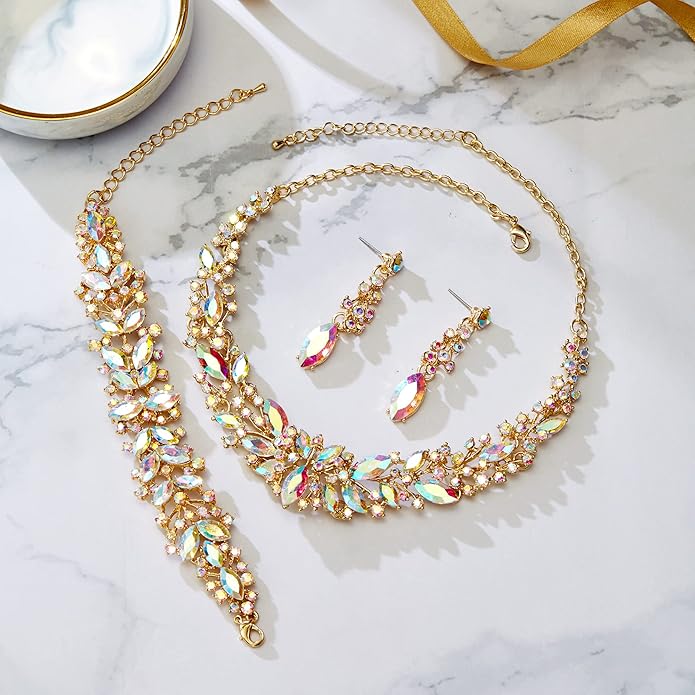 BriLove Women's Wedding Bridal Austrian Crystal Marquise Cluster Collar Necklace Dangle Earrings Set