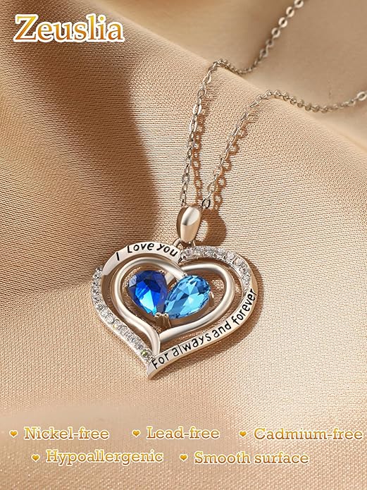 Zeuslia Double Birthstone Necklace Gifts for Wife - 925 Sterling Silver Sunflower/Rose/Crown Cross/Compass/Heart Pendant I Love You Necklace, Anniversary Birthday Gifts for Wife Girlfriend Mom Her