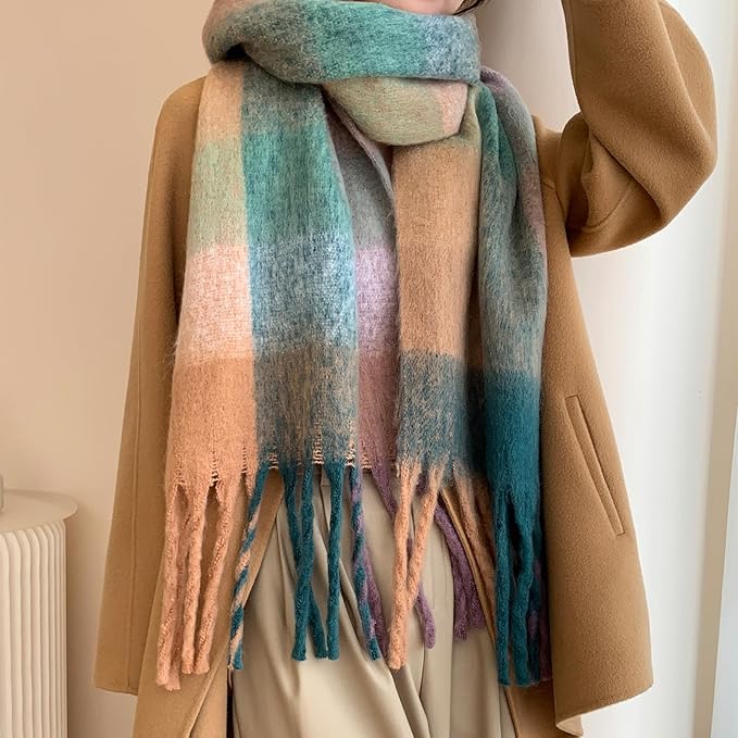 SHOHOKU Large Chunky Plaid Scarf Coloured Checked Oversized Scarf Tassel Soft Fall Winter Thick Warm Shawl Women