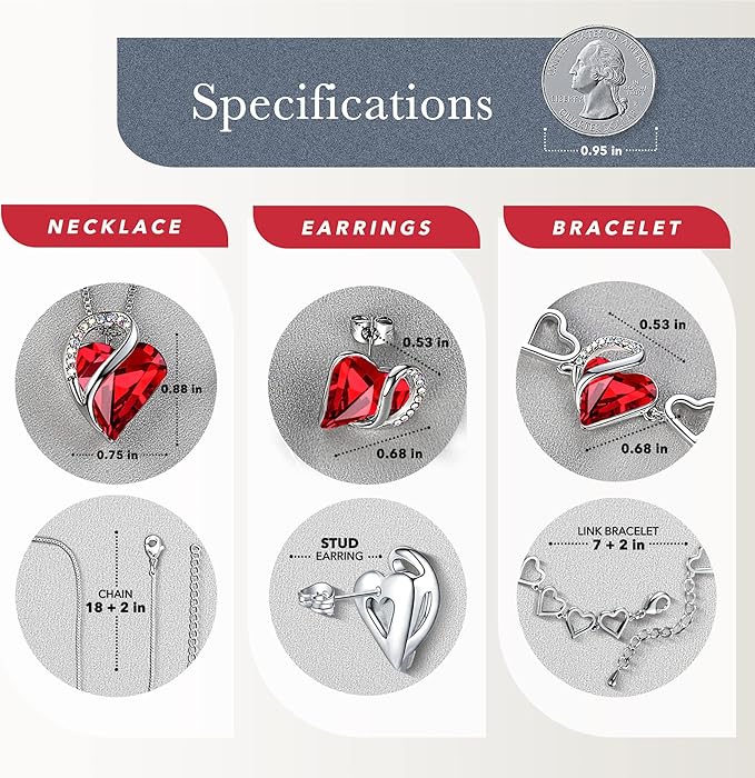Leafael Infinity Love Heart Necklace, Stud Earrings, and Bracelet for Women, July Birthstone Crystal Jewelry, Silver Tone Gifts for Women, Siam Ruby Red