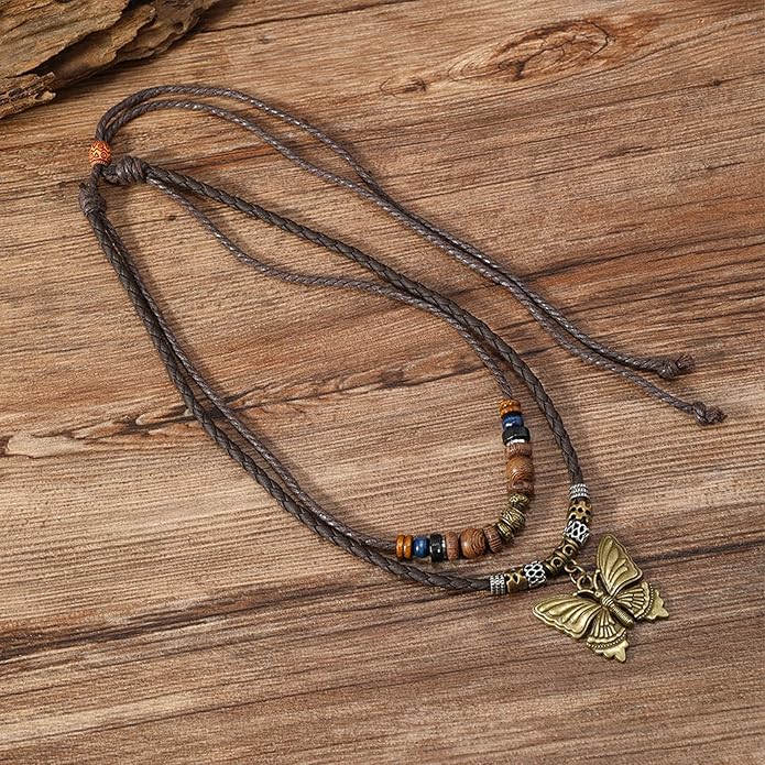 HETICA Boho Necklace for Women, Vintage Butterfly Necklace Adjustable Wooden Beads Layered Braided Necklace Fashion Tribal Style Leather Rope Necklace Jewelry