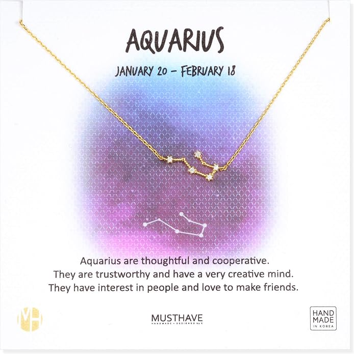 Zodiac 18K Gold Plated CZ Necklace With Message Card, Yellow Gold Color, Anchor Chain, Best Gift Necklace, Size 16 inch + 2 inch Extender, Pendant, Constellation, Gift Card