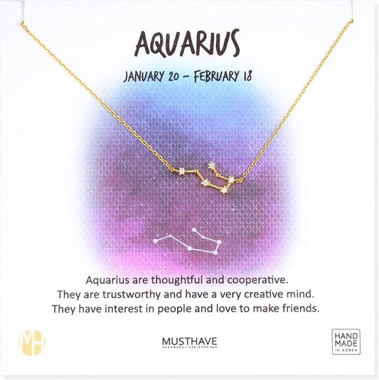 Zodiac 18K Gold Plated CZ Necklace With Message Card, Yellow Gold Color, Anchor Chain, Best Gift Necklace, Size 16 inch + 2 inch Extender, Pendant, Constellation, Gift Card