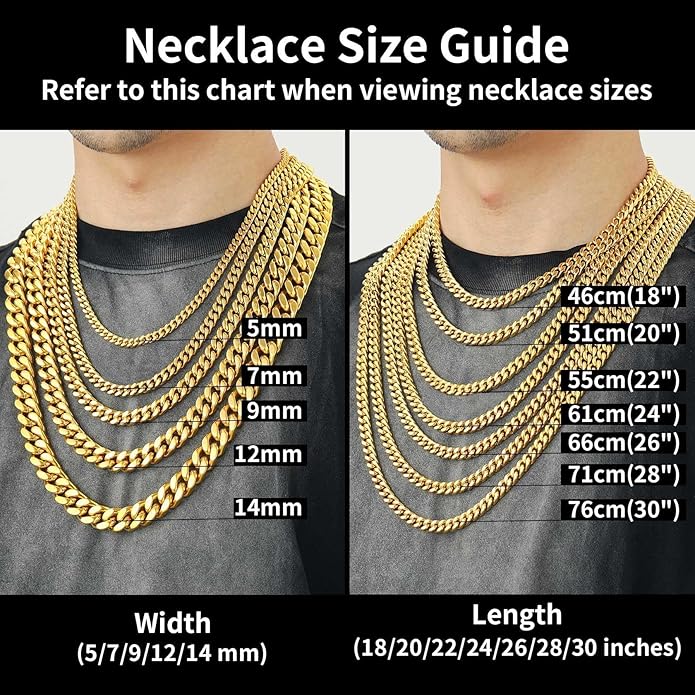 ChainsHouse Stainless Steel Mens Cuban Link Chain, Black/ 18K Gold Plated Miami Cuban Chain Necklace, 5mm/7mm/9mm/12mm/14mm Width, No Tarnish& Durable Hip Hop Mens Jewelry, 18"-30", Send Gift Box