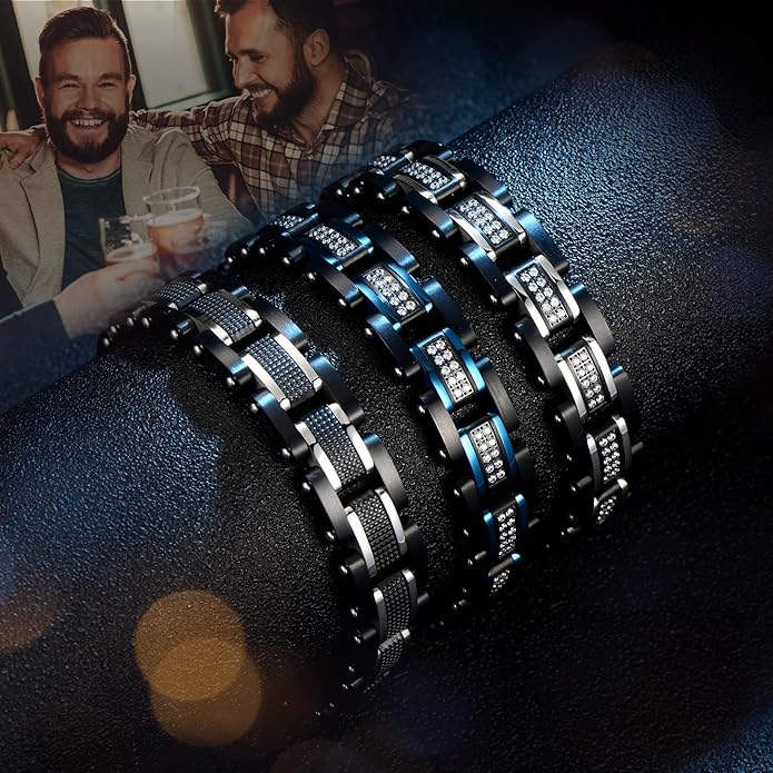 Holizaly Men's Stainless Steel Two Tone Square Link Bracelet, Black and Blue Ion Plated Black