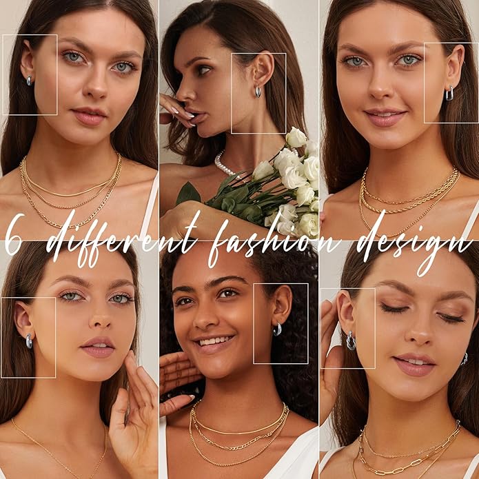 Hoop Earrings Set for Women, 6 Pairs 14K Gold Plated Lightweight Hypoallergenic Chunky Open Twisted Hoops Earrings Pack Jewelry