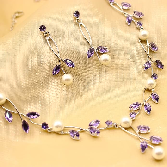 Luxury Cubic Zirconia Aurtrian Crystal Pearl Floral Necklace Dangle Earrings Wedding Bridal Jewelry Set Birthday Gifts for Her